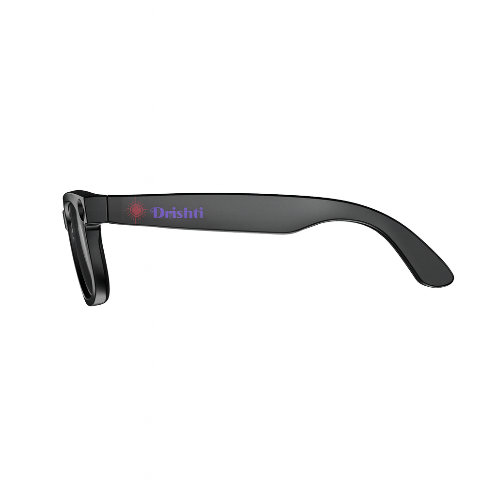 Oculosense AI smart glasses: Drishti Vision side view with logo on the arm
