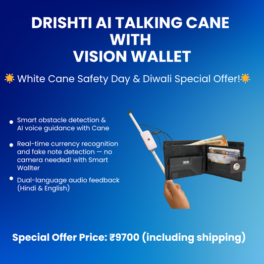 Drishti AI Talking Cane + Vision Wallet Combo – Smart Mobility & Currency Detection for the Visually Impaired (White Cane Safety Day & Diwali Offer)