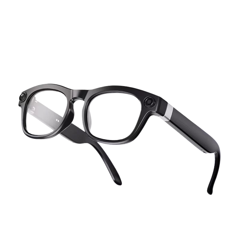 Drishti Vision Live AI smart glasses for blind users, angled view of the black frame with camera