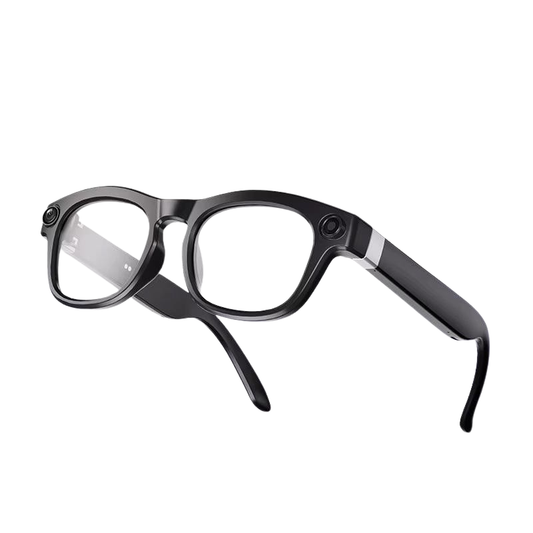 Drishti Vision Live AI smart glasses for blind users, angled view of the black frame with camera